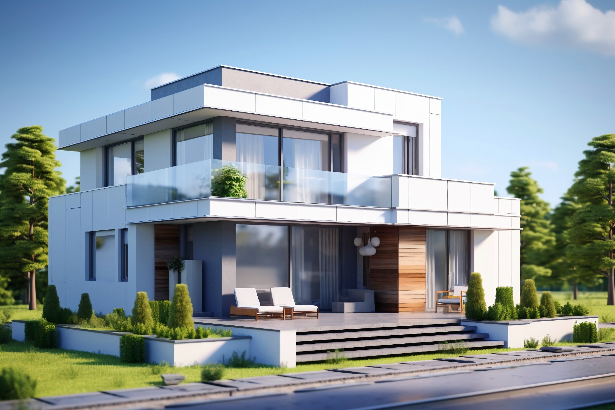 Nowoczesny, dwukondygnacyjny dom z płaskim dachem i dużymi przeszkleniami. Na tarasie białe leżaki i krzesło. Otoczenie domu to zadbany trawnik i drzewa.