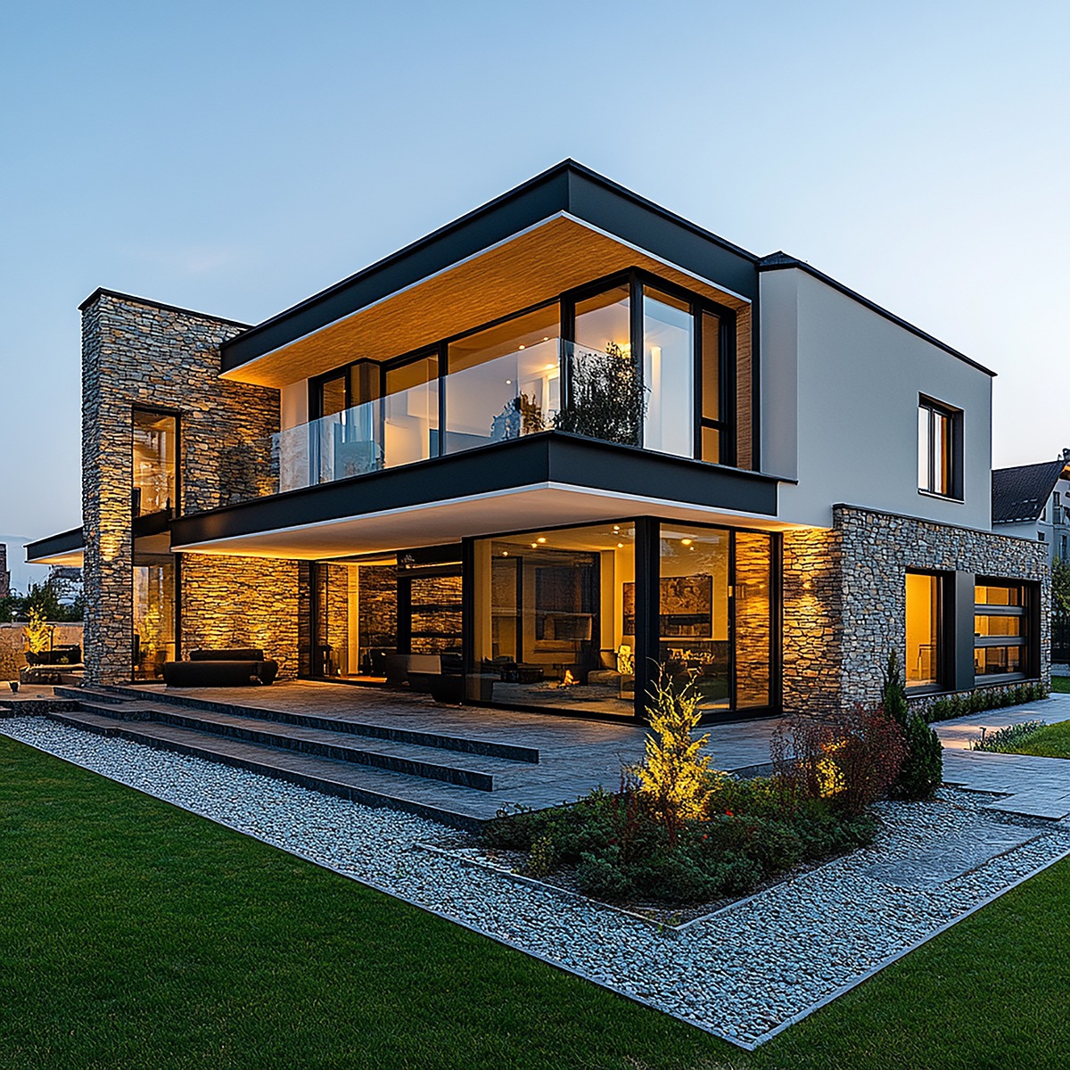 Dwukondygnacyjny dom z kamienną elewacją i dużymi przeszkleniami, oświetlony ciepłym światłem o zmierzchu, z zadbanym trawnikiem i elementami małej architektury.