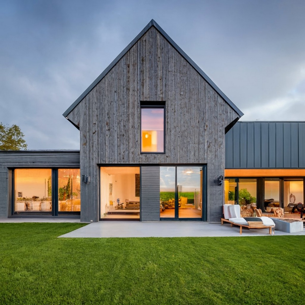 Nowoczesny dom z drewnianą elewacją i dużymi przeszkleniami, otoczony zielonym trawnikiem. Widoczne meble ogrodowe na tarasie. Ciepłe światło wewnątrz budynku.