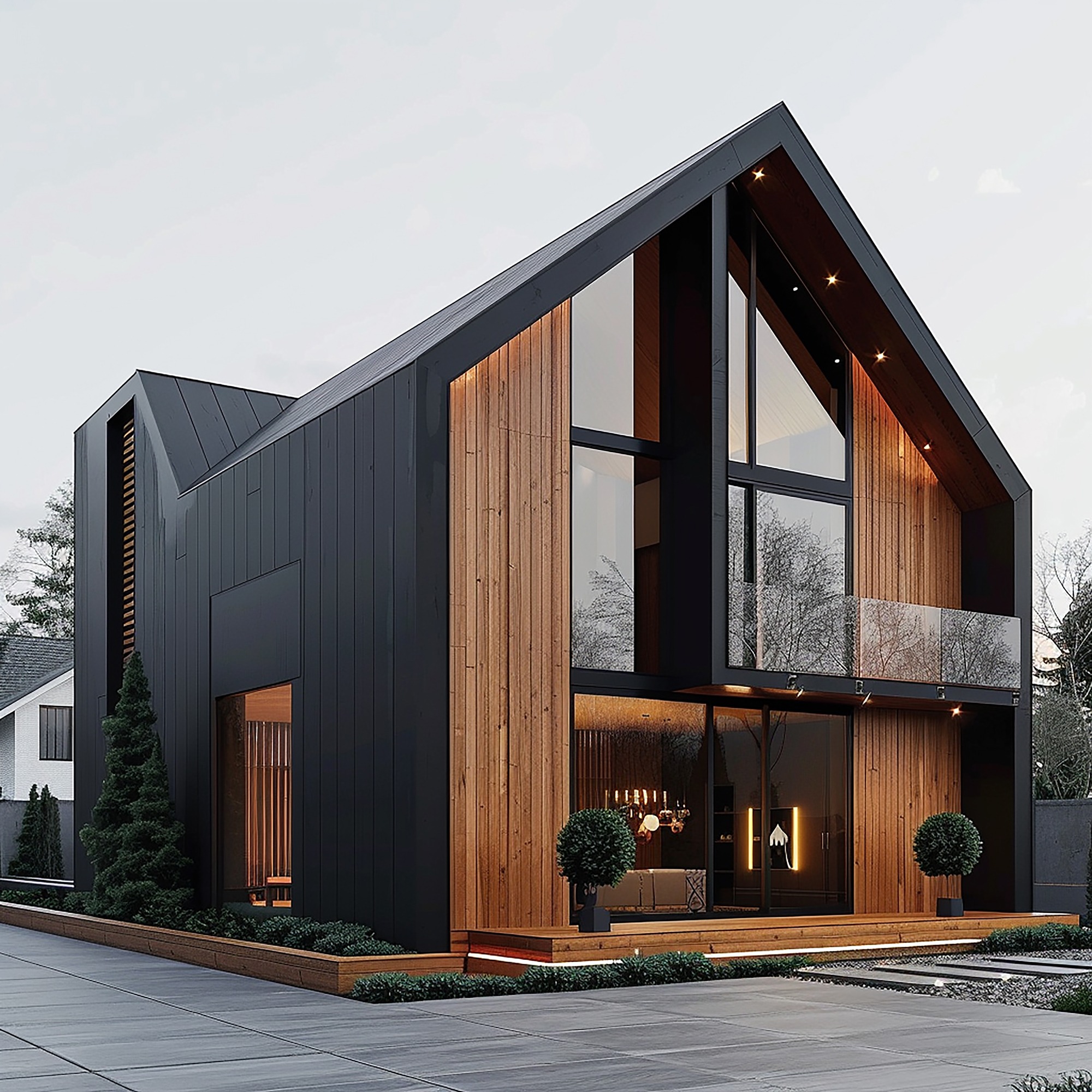 Nowoczesny dom z czarną elewacją i drewnianymi akcentami, duże okna, minimalistyczny design, oświetlenie zewnętrzne podkreślające architekturę.