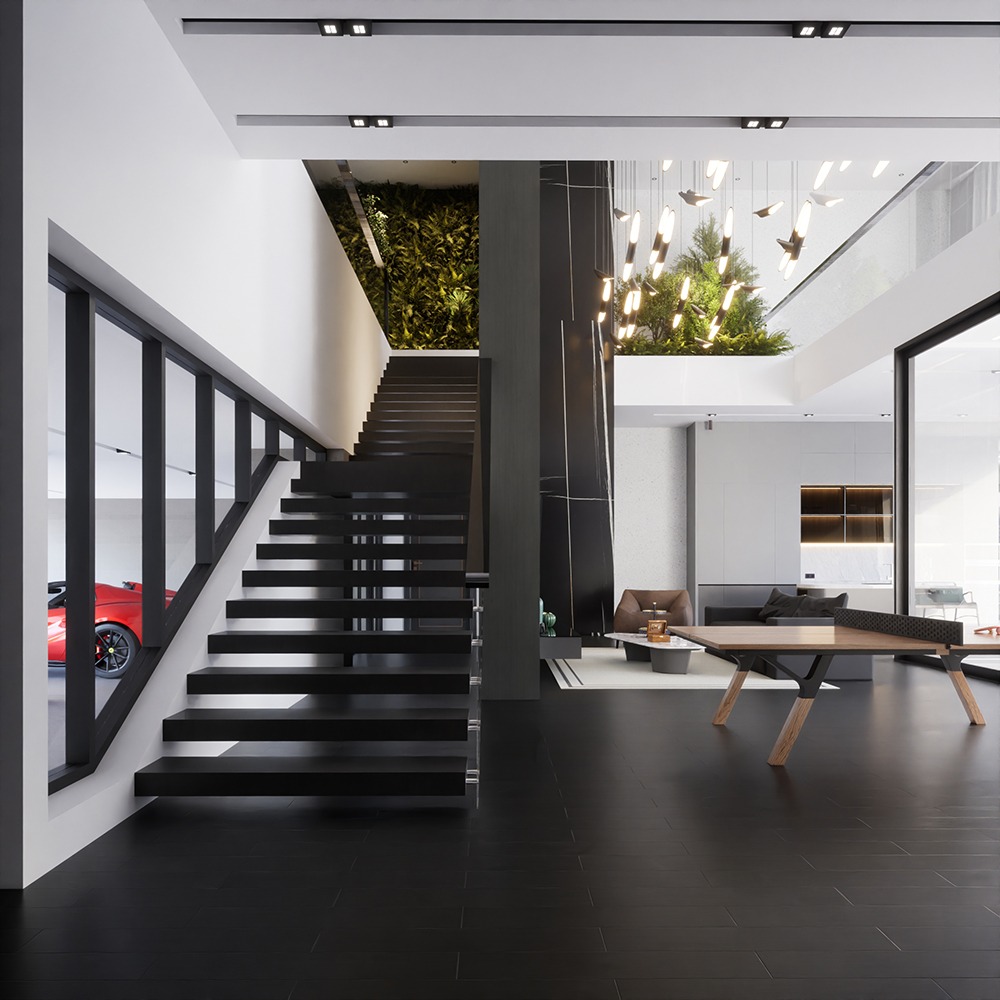 Nowoczesne wnętrze domu z czarnymi schodami, roślinami i czerwonym sportowym samochodem w garażu widocznym przez okno. Minimalistyczny design z elementami marmuru i drewna.
