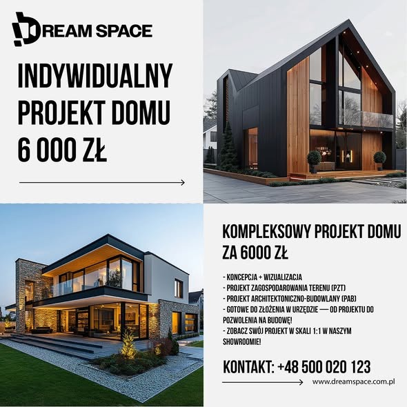 Nowoczesny projekt domu z elementami drewna i kamienia, prezentowany na grafice reklamowej z informacją o cenie i kontakcie do firmy Dream Space.