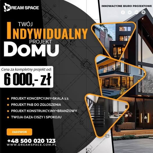 Projekt indywidualnego domu od Dream Space: wizualizacje nowoczesnej architektury, plan koncepcyjny w skali 1:1, projekt PAB do zgłoszenia, konstrukcyjny i branżowy.