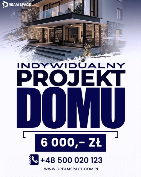 Wizualizacja nowoczesnego domu z płaskim dachem, kamienną elewacją i dużymi przeszkleniami. Reklama indywidualnego projektu domu z podanym numerem telefonu i adresem strony.