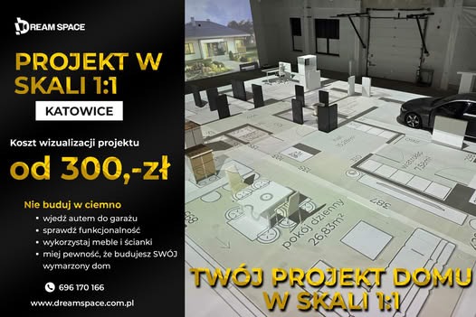 Prezentacja projektu domu w skali 1:1 w Katowicach. Wizualizacja z meblami, ścianami i modelem auta. Koszt od 300 zł. Dream Space.