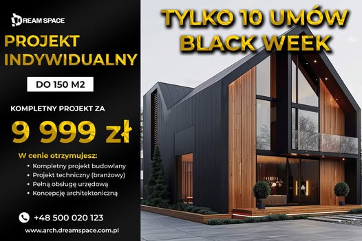 Oferta na projekt indywidualny domu do 150m2 w stylu nowoczesnej stodoły, z elementami drewna i dużymi przeszkleniami, w ramach promocji Black Week.