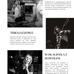 Pracownia Muzyki Natalia Witwicka - Czarno-biała kompozycja z trzema kadrami: duet wokalistki i pianisty na tle food trucka, kontrabasista w skupieniu, uśmiechnięta wokalistka z mikrofonem na tle perkusji.