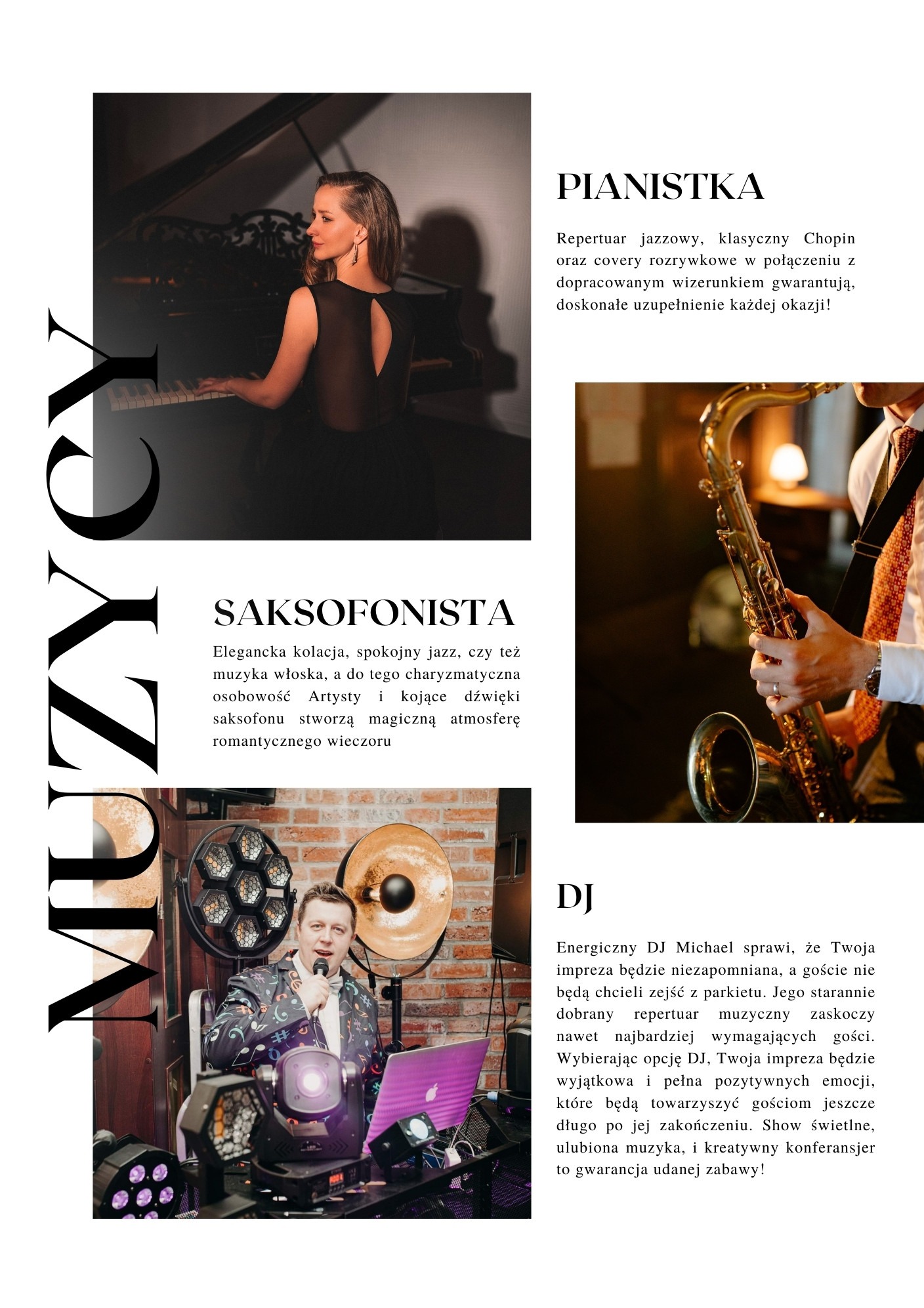 Kolaż reklamowy prezentujący pianistkę grającą na fortepianie, saksofonistę z saksofonem oraz DJ-a za konsoletą z oświetleniem.