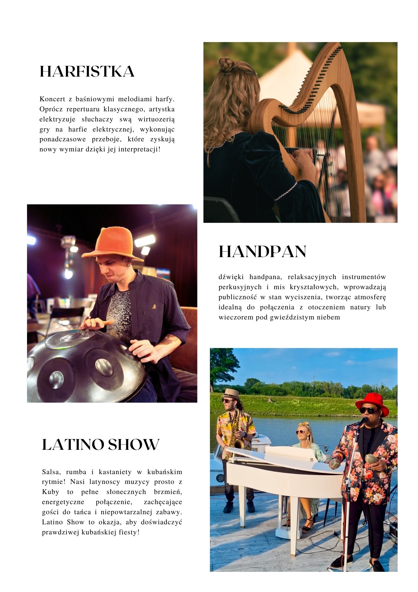 Kolaż zdjęć przedstawiający harfistkę grającą na harfie, muzyka grającego na handpanie oraz zespół muzyczny grający muzykę latynoską na tle rzeki.