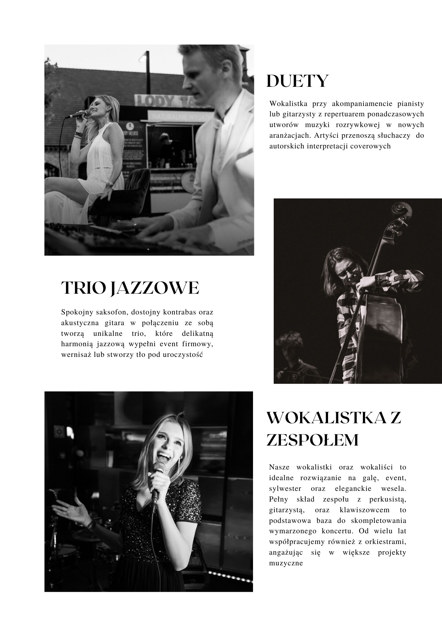 Czarno-biała kompozycja z trzema kadrami: duet wokalistki i pianisty na tle food trucka, kontrabasista w skupieniu, uśmiechnięta wokalistka z mikrofonem na tle perkusji.