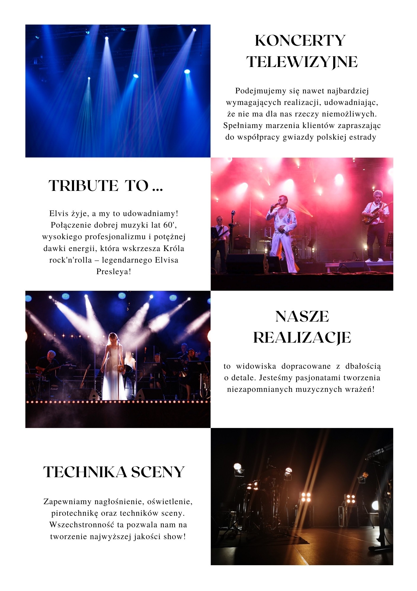 Scena koncertowa z białymi reflektorami, zespół muzyczny w trakcie występu, wokalistka w białej sukni na pierwszym planie, ciemne tło z zarysami instrumentów i muzyków.