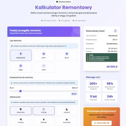 Interaktywny kalkulator remontowy dla firmy wykończeniowej, dostosowany do potrzeb klienta, doskonały CTA, wysokie konwersje, łatwy i przejrzysty.