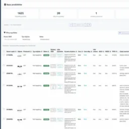 Panel administracyjny aplikacji webowej do zarządzania bazą danych części motoryzacyjnych z filtrami, listą produktów, statusem i informacjami o częściach.