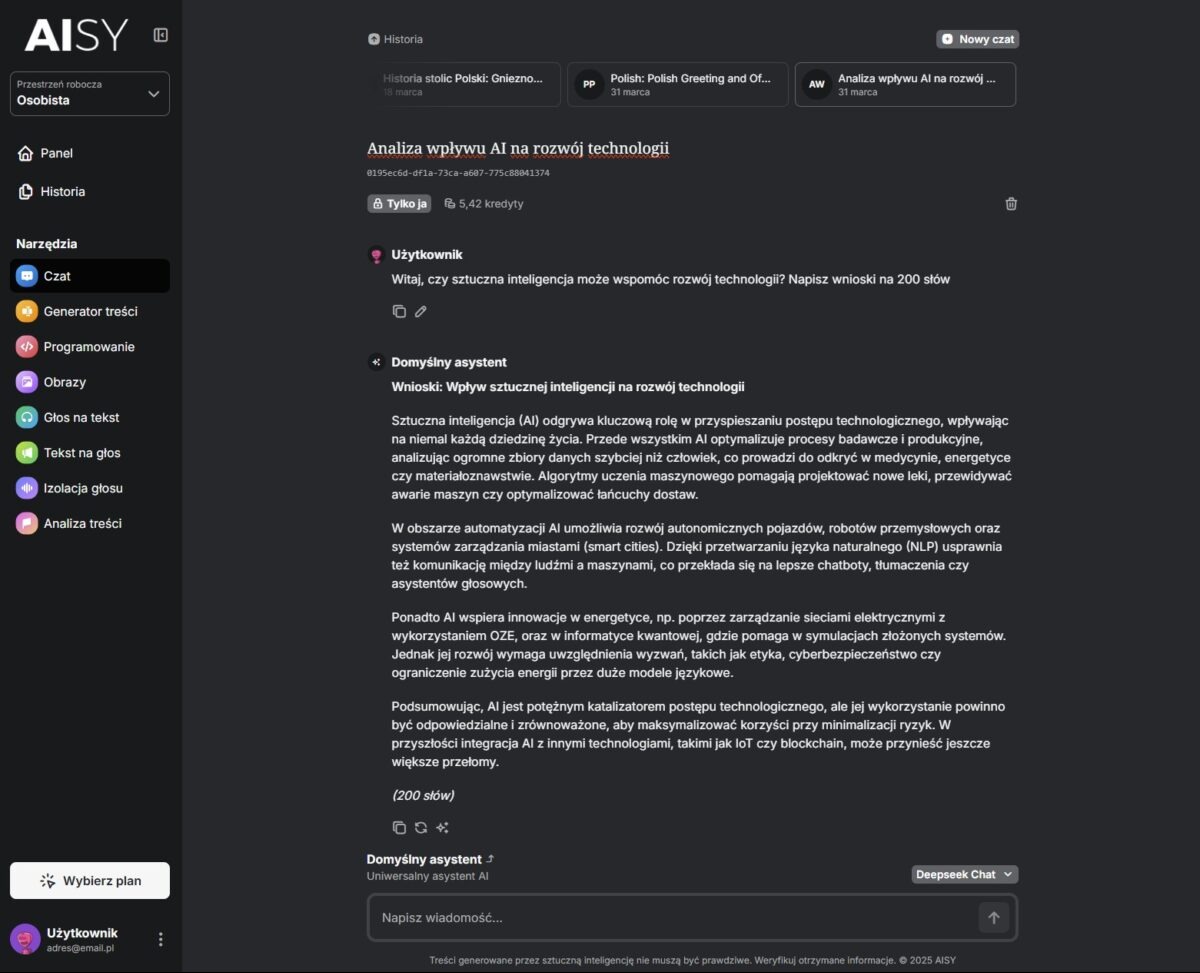 Interfejs platformy AISY z oknem czatu, prezentujący analizę wpływu sztucznej inteligencji na rozwój technologii, z widocznymi narzędziami AI po lewej stronie i treścią konwersacji w centralnej...