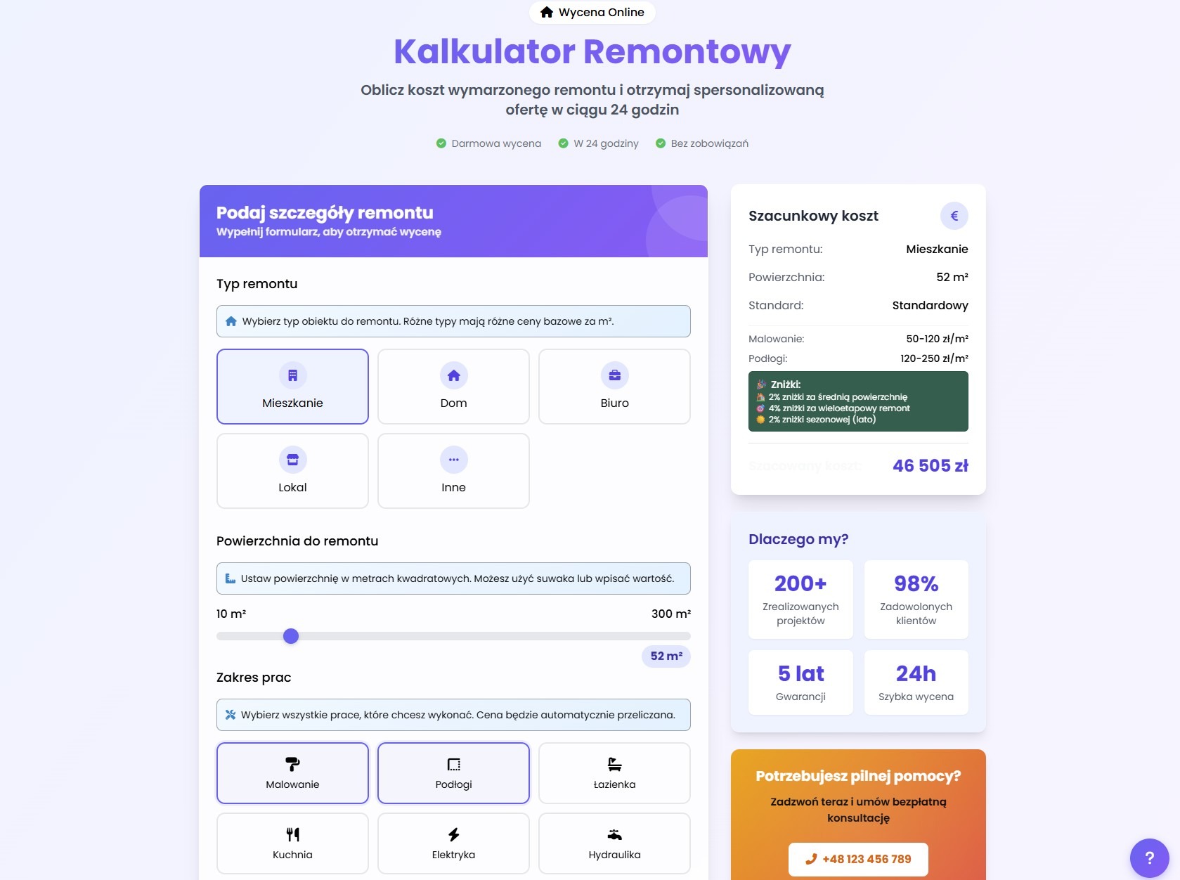 Interaktywny kalkulator remontowy online: wybór typu, powierzchni, zakresu prac. Szacunkowy kosztorys dla mieszkania 52m2. Darmowa wycena, szybka realizacja.