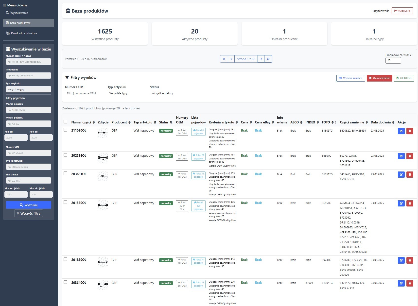 Panel administracyjny aplikacji webowej do zarządzania bazą danych części motoryzacyjnych z filtrami, listą produktów, statusem i informacjami o częściach.