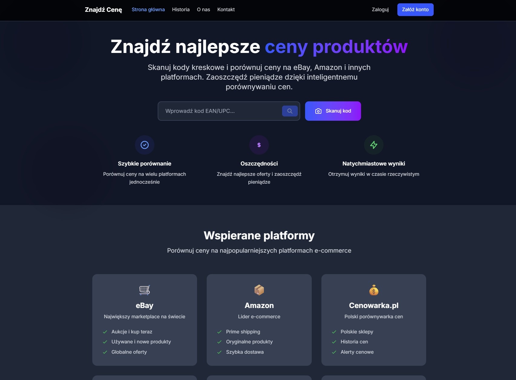 Strona aplikacji Znajdzcene.pl z wyszukiwarką cen produktów po kodzie EAN. Prezentacja funkcji porównywania ofert z eBay, Amazon i Cenowarka.pl.