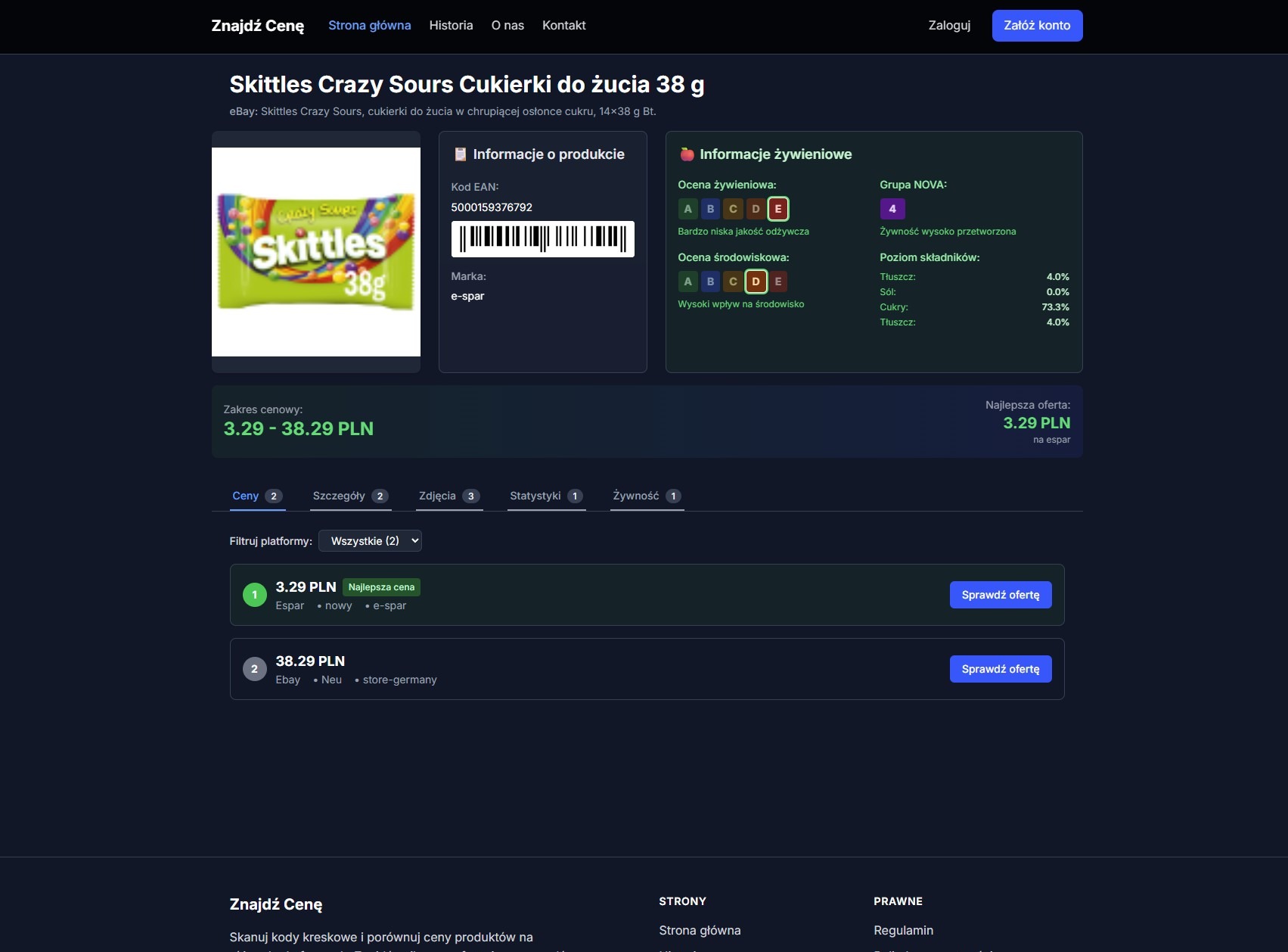 Zrzut ekranu strony internetowej z porównaniem cen cukierków Skittles Crazy Sours 38g, z informacjami o produkcie i wartościach odżywczych.