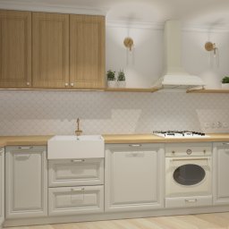 INTERIOR DESIGN Julia Jarząbkiewicz - Jasna kuchnia w stylu retro z białymi i drewnianymi szafkami, okrągłymi uchwytami i płytkami w kształcie rybiej łuski na ścianie.