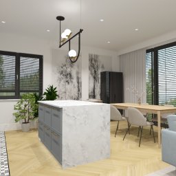 INTERIOR DESIGN Julia Jarząbkiewicz - Wizualizacja przestronnej kuchni z wyspą, szare szafki z złotymi uchwytami, marmurowy blat, drewniane elementy i nowoczesne oświetlenie wiszące.