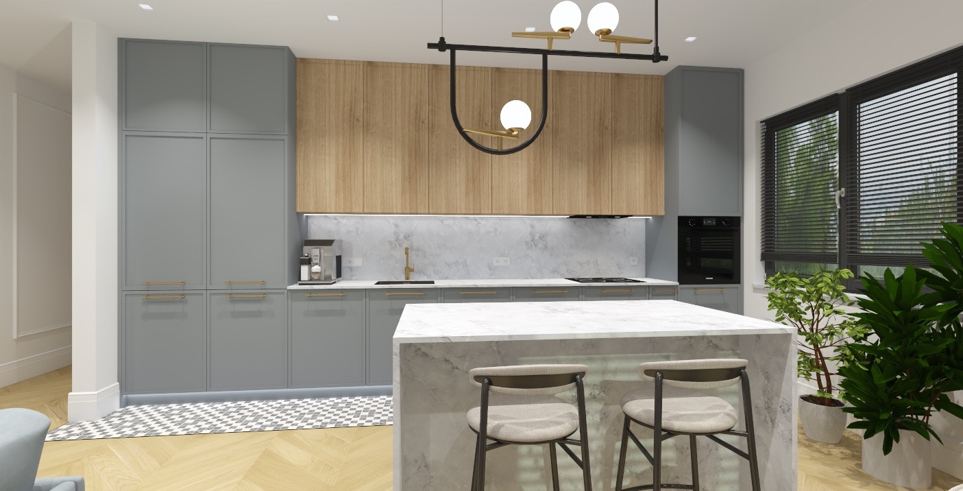 Wizualizacja nowoczesnej kuchni z szarymi szafkami, drewnianymi panelami nad blatem i marmurową wyspą z dwoma hokerami. Nad wyspą designerska lampa z kulistymi kloszami. Duże okno z żaluzjami...