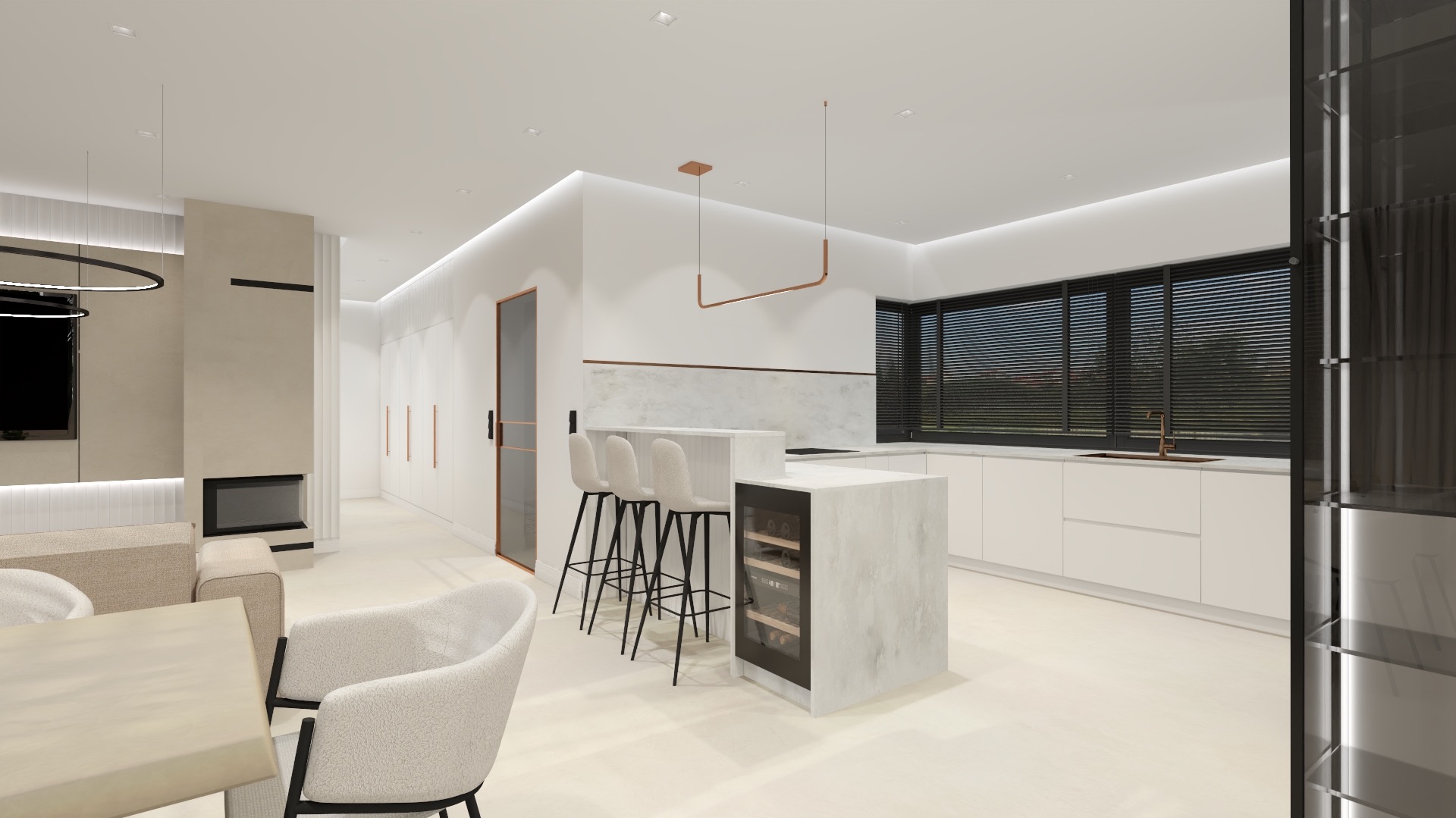 Wnętrze nowoczesnego, jasnego salonu z aneksem kuchennym. Widoczny minimalistyczny kominek z telewizorem, białe szafy w zabudowie, wyspa kuchenna z barkiem i chłodziarką na wino, okna z żaluzjami...