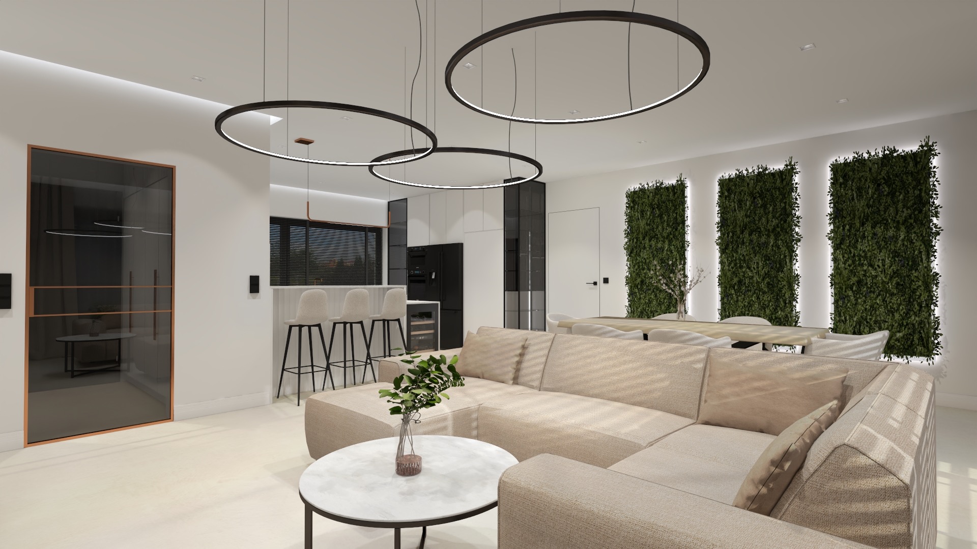 Jasny salon z beżową sofą narożną, marmurowym stolikiem kawowym i otwartą kuchnią z barkiem; okrągłe, wiszące lampy LED, pionowe panele z zielenią na ścianie.