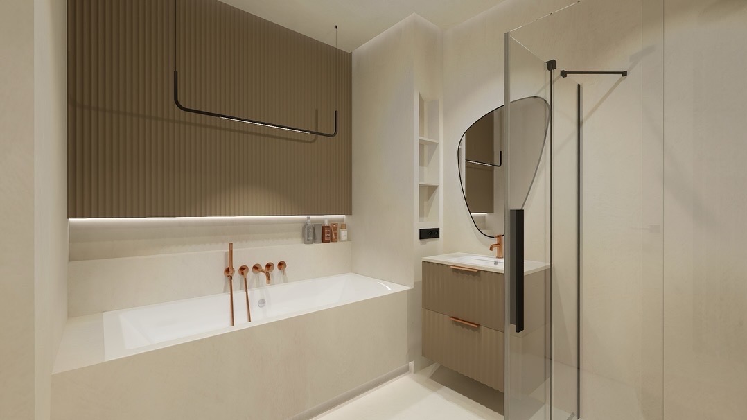 Nowoczesna łazienka w beżach z wanną, umywalką z szafką i kabiną prysznicową; akcenty w kolorze miedzi, oświetlenie LED i dekoracyjna ściana z pionowymi żłobieniami.