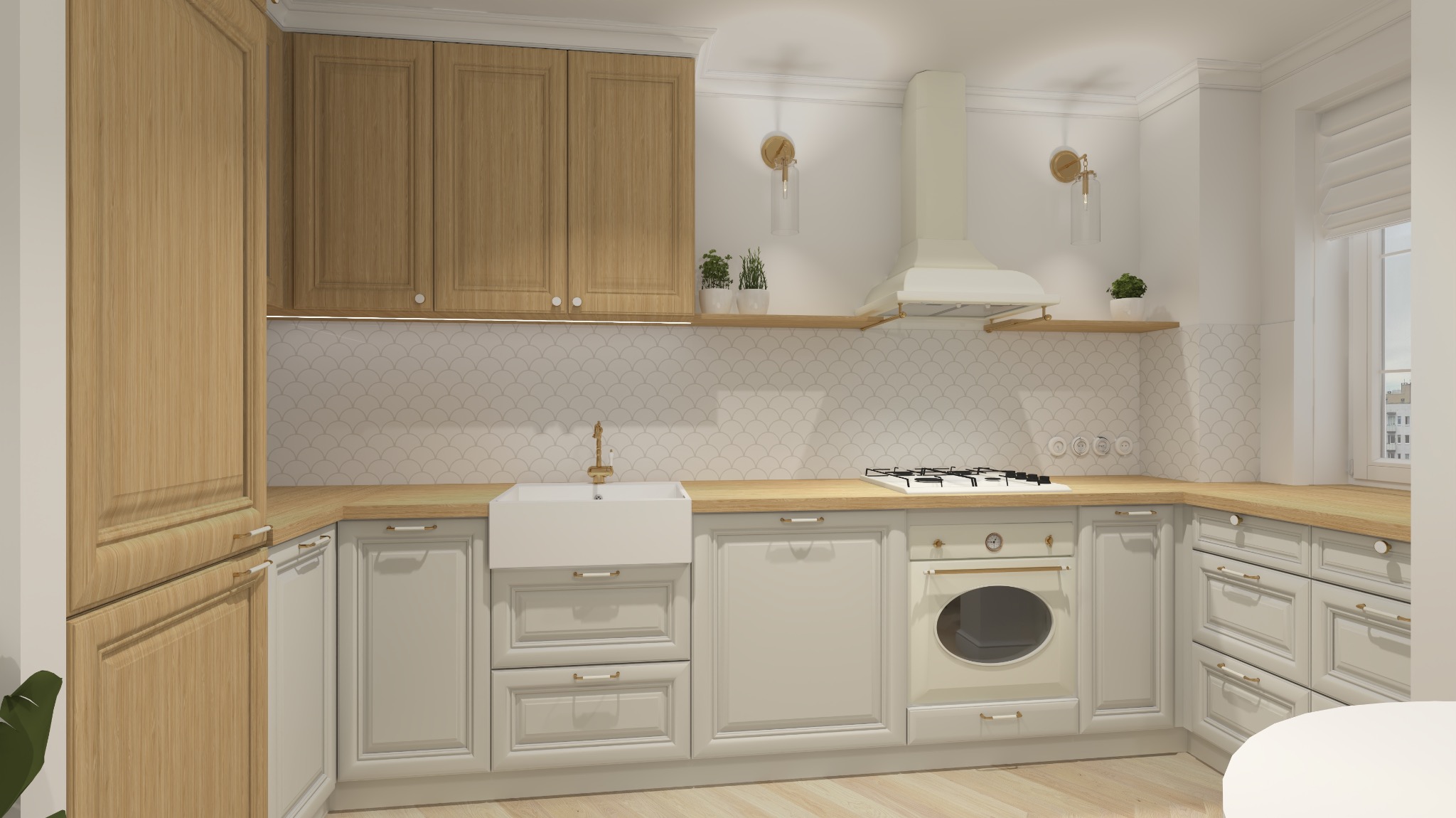 Jasna kuchnia w stylu retro z białymi i drewnianymi szafkami, okrągłymi uchwytami i płytkami w kształcie rybiej łuski na ścianie.