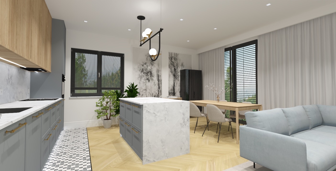 Wizualizacja przestronnej kuchni z wyspą, szare szafki z złotymi uchwytami, marmurowy blat, drewniane elementy i nowoczesne oświetlenie wiszące.