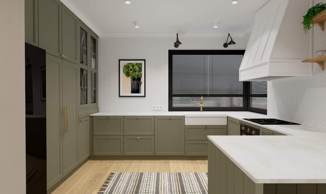 Wizualizacja kuchni w odcieniach zieleni z białym blatem, okapem i dywanem w paski, oświetlona światłem punktowym i lampami ściennymi, z widokiem na okno z żaluzjami.