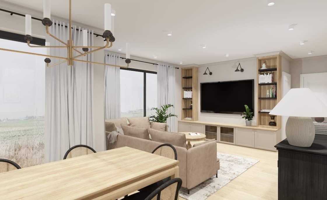 Wizualizacja jasnego salonu z jadalnią, beżowa sofa, drewniany stół z rattanowymi krzesłami, złoty żyrandol, duże okna z białymi zasłonami, zabudowa TV z półkami.