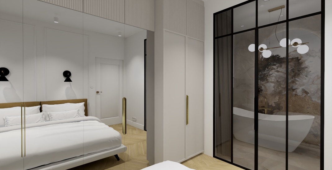 Nowoczesna sypialnia z widokiem na łazienkę przez szklaną ściankę, białe meble, parkiet w jodełkę i dekoracyjne oświetlenie.