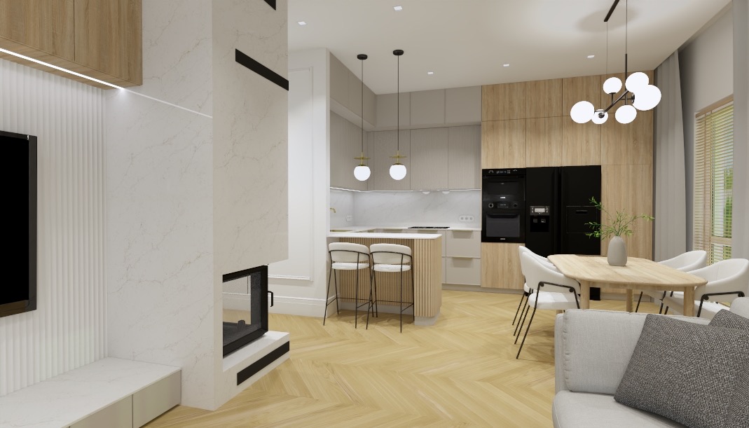 Wnętrze nowoczesnego salonu z aneksem kuchennym, widok na wyspę kuchenną z hokerami, stół jadalny z krzesłami i kominek w salonie, parkiet w jodełkę.