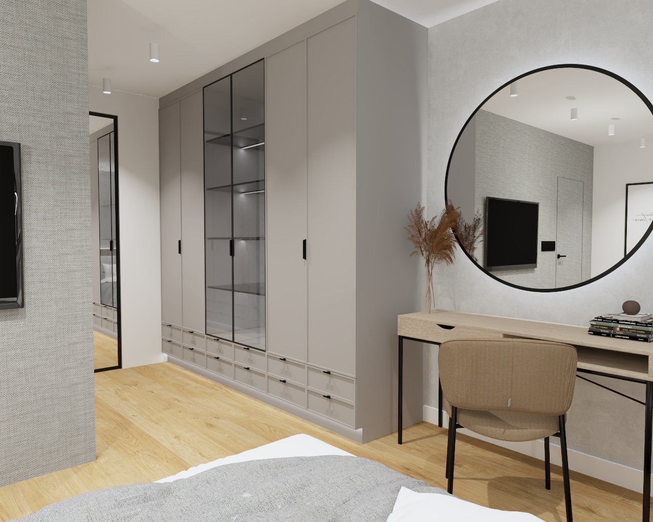 Sypialnia w neutralnych barwach z dużą szafą wnękową z przeszklonymi drzwiami, toaletka z okrągłym podświetlanym lustrem i drewniana podłoga.