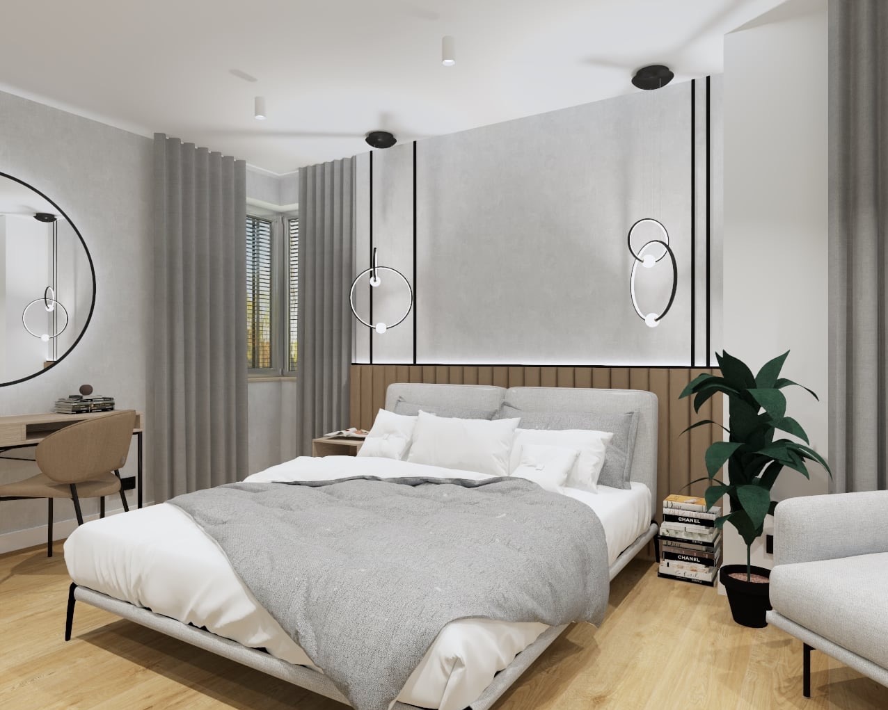 Nowoczesna sypialnia w odcieniach szarości i bieli z drewnianymi akcentami, okrągłe lampy wiszące, biurko z toaletką i krzesłem, oraz roślina doniczkowa na stosie książek.