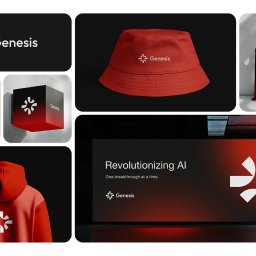 REYDESIGN JAKUB SZYMAŃSKI - Prezentacja identyfikacji wizualnej marki Genesis: logo na gadżetach (torba, czapka, bluza), materiałach reklamowych i w przestrzeni biurowej. Dominanta: czerwień i czerń.