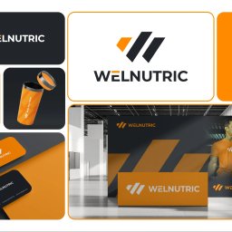 REYDESIGN JAKUB SZYMAŃSKI - Kompozycja wizualizacji brandingu Welnutric: logo, wizytówki, opakowanie produktu, stoisko targowe i koszulka z logo, w kolorach pomarańczowym i czarnym.