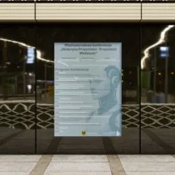 Plakat konferencji 'Medycyna Przyszłości' na tle ciemnej ściany. Program konferencji dotyczący sztucznej inteligencji w medycynie. Widoczne logo organizatorów.