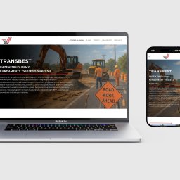 REYDESIGN JAKUB SZYMAŃSKI - Responsywna strona internetowa firmy budowlanej Transbest na laptopie i smartfonie. Strona prezentuje maszyny budowlane i pracowników na tle drogi w budowie.
