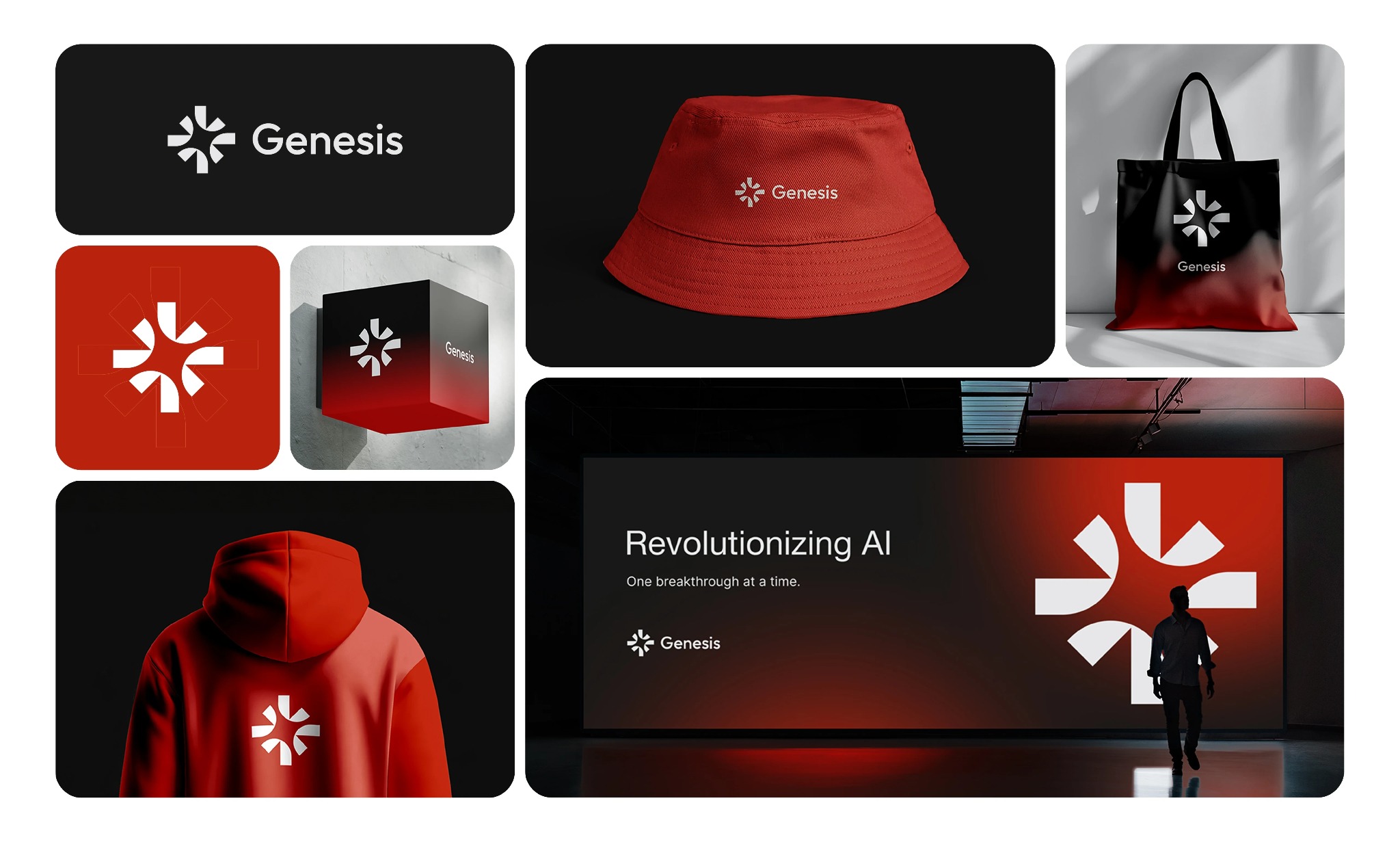 Prezentacja identyfikacji wizualnej marki Genesis: logo na gadżetach (torba, czapka, bluza), materiałach reklamowych i w przestrzeni biurowej. Dominanta: czerwień i czerń.