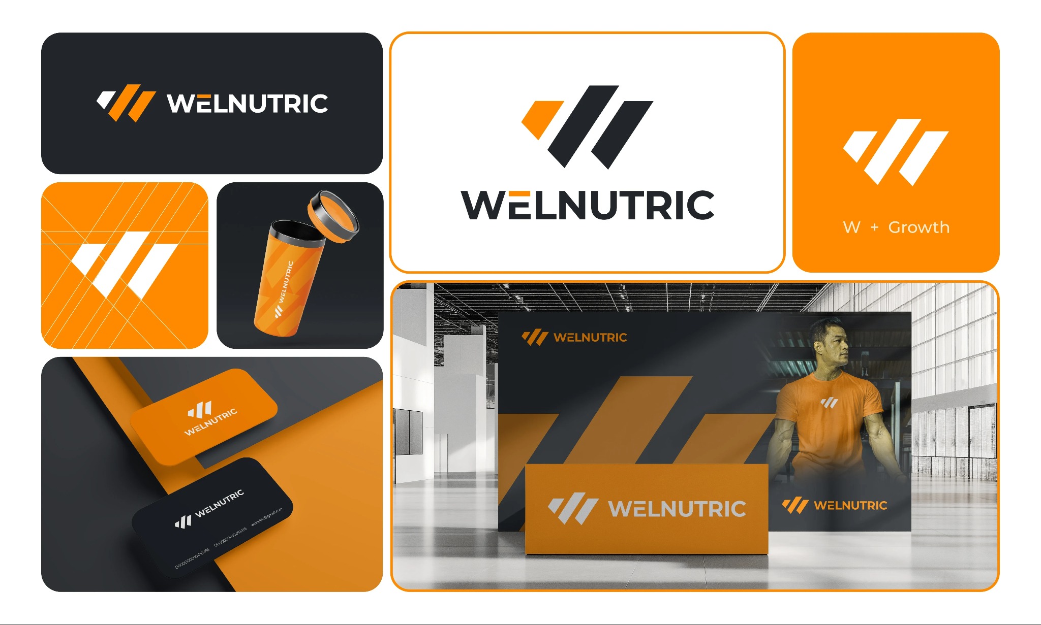 Kompozycja wizualizacji brandingu Welnutric: logo, wizytówki, opakowanie produktu, stoisko targowe i koszulka z logo, w kolorach pomarańczowym i czarnym.
