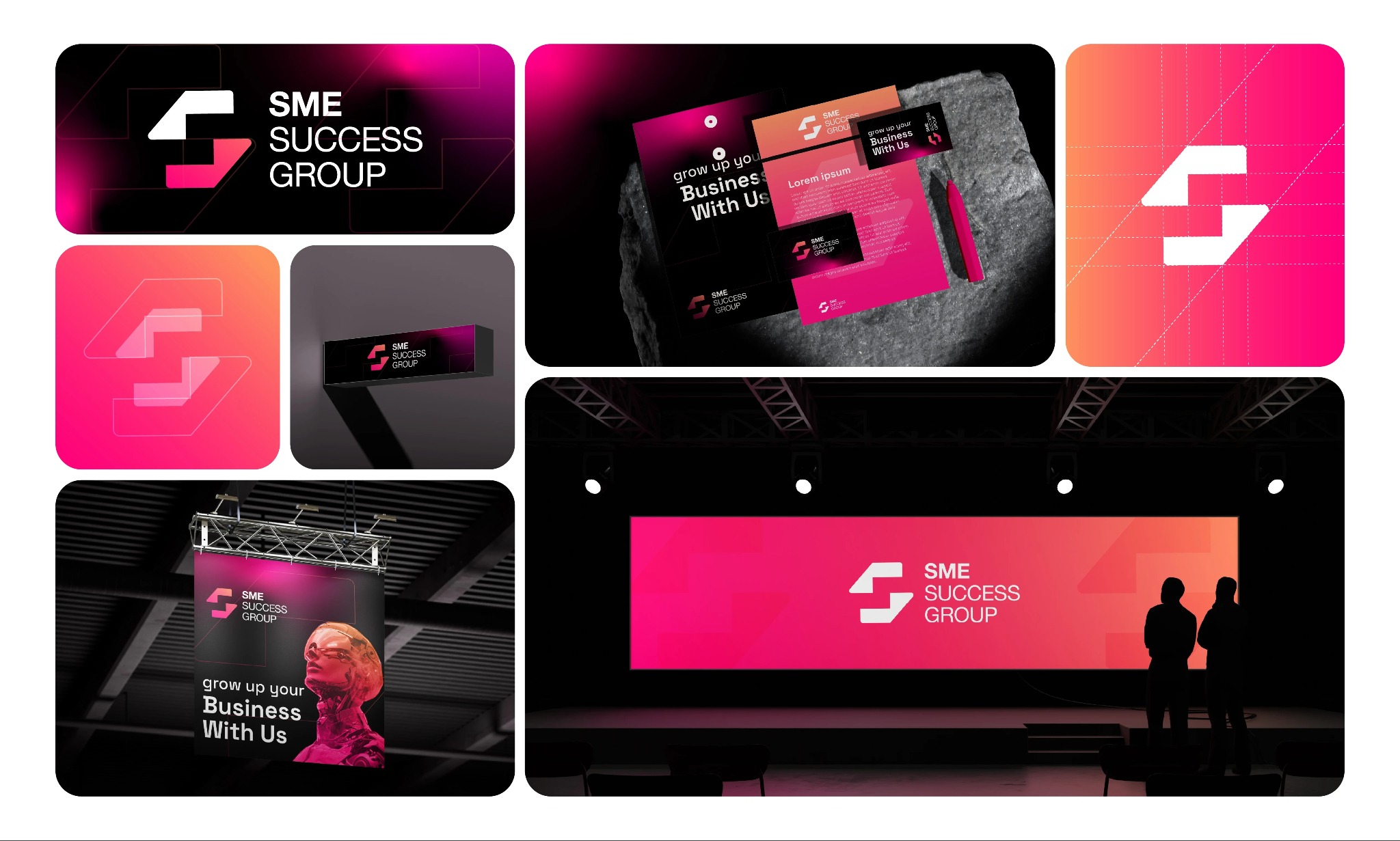 Zestawienie wizualizacji identyfikacji marki: logo, ulotki, wizytówki, baner reklamowy i prezentacja sceniczna z sylwetkami osób. Całość utrzymana w kolorystyce różowo-czarnej.