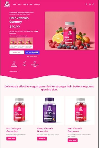 Responsywny design strony internetowej sklepu z wegańskimi witaminami w żelkach, z różowym motywem, prezentujący produkt i opcje zakupu.
