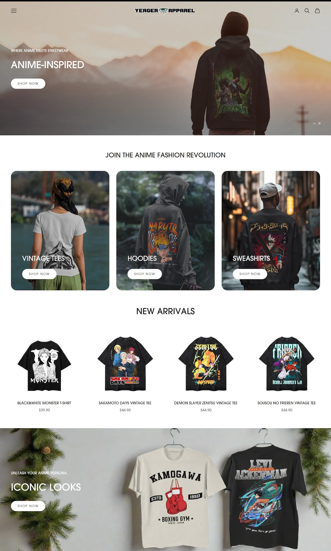 Strona sklepu internetowego z odzieżą inspirowaną anime. Prezentacja kolekcji koszulek, bluz i hoodie z motywami z popularnych serii anime. Wyraźny układ graficzny i nawigacja.