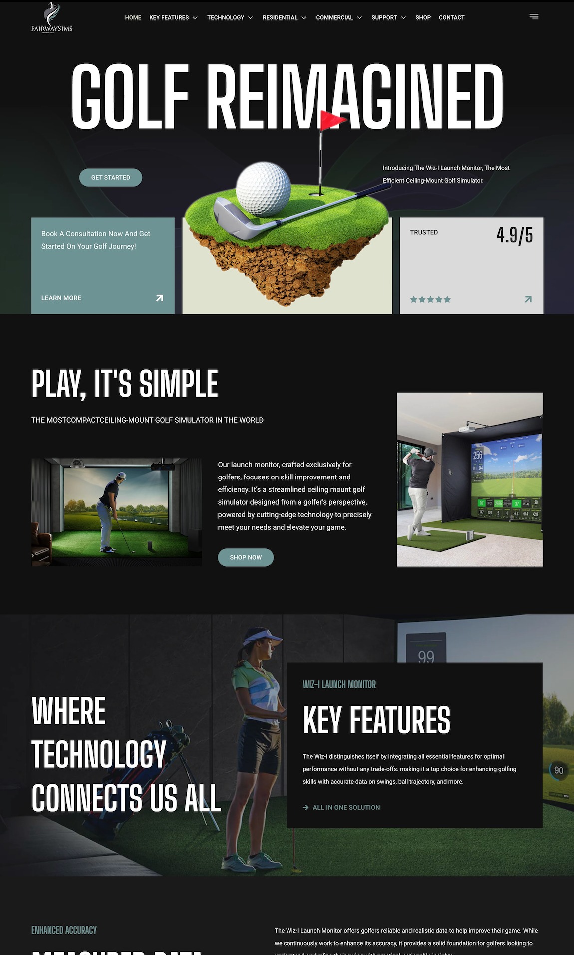 Strona internetowa o golfie z wizualizacją symulatora, oceną 4.9/5 i hasłem 'Golf Reimagined'. Prezentacja technologii i kluczowych cech produktu.