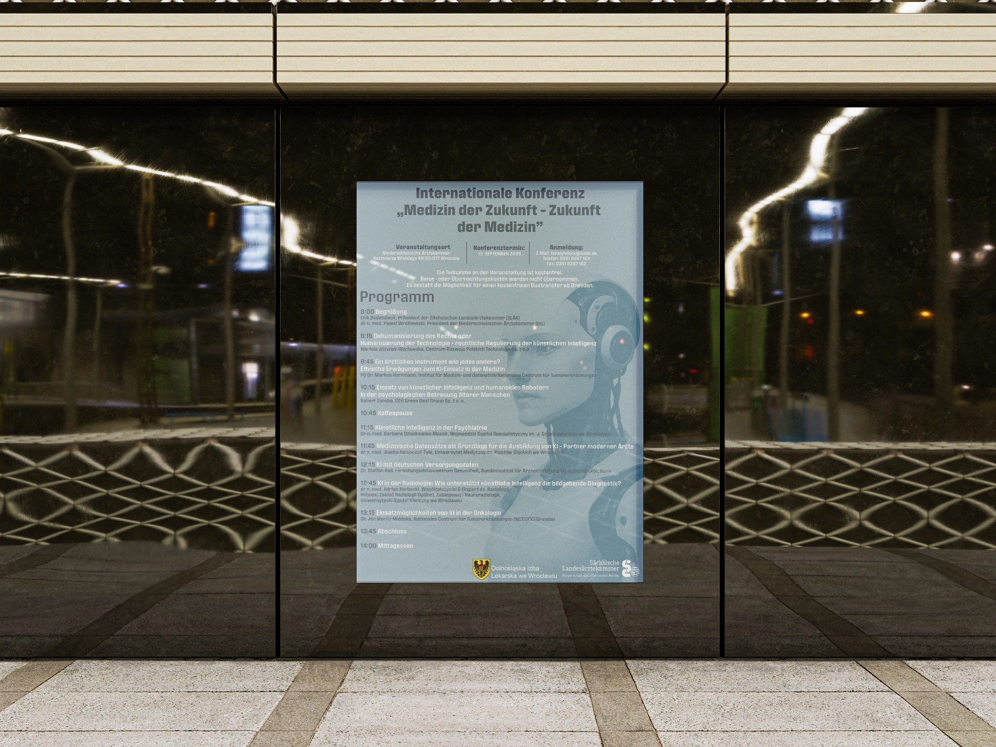 Plakat informujący o międzynarodowej konferencji 'Medycyna Przyszłości - Przyszłość Medycyny', z programem wydarzenia. Plakat umieszczony na ścianie.