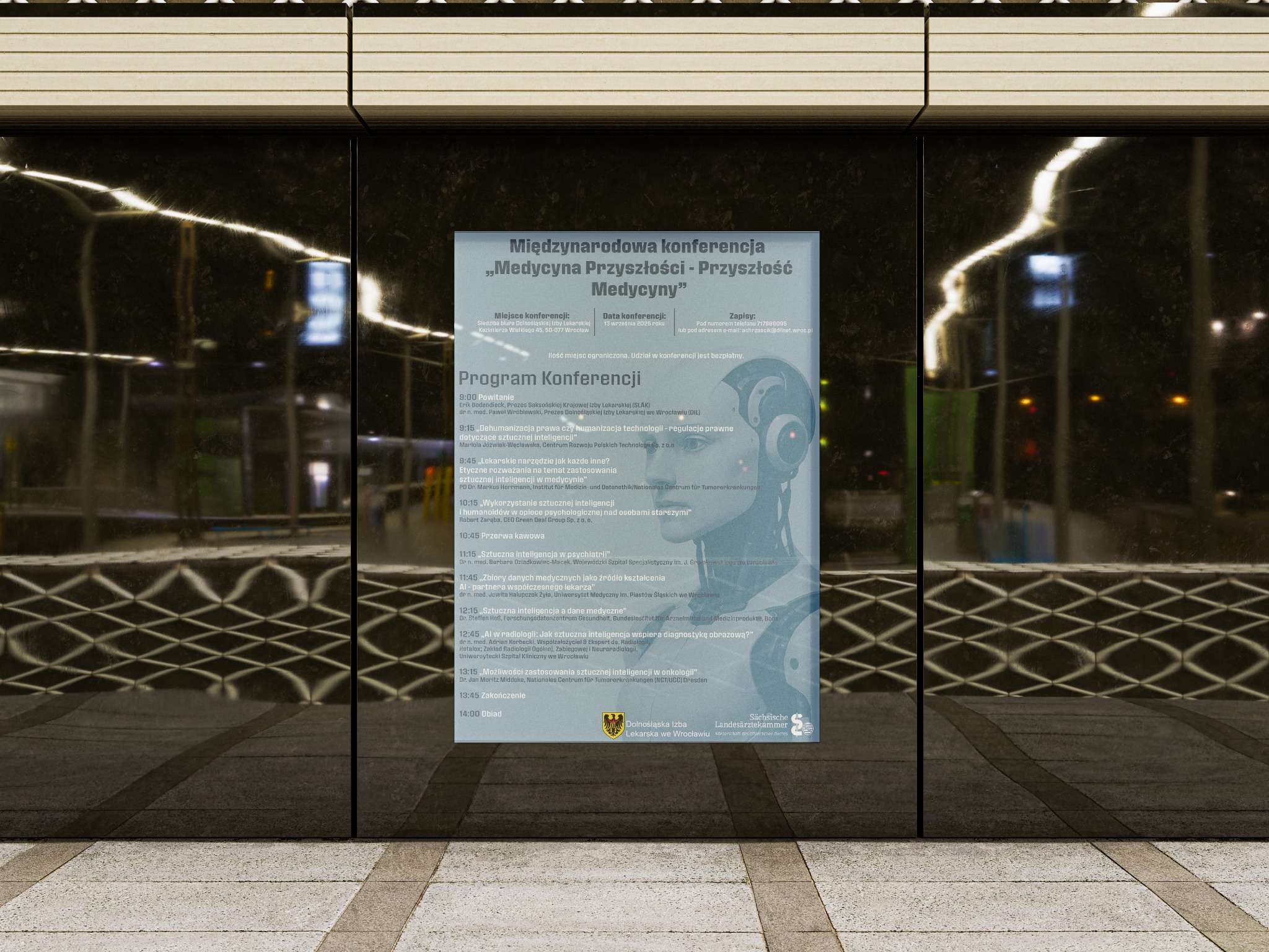 Plakat konferencji 'Medycyna Przyszłości' na tle ciemnej ściany. Program konferencji dotyczący sztucznej inteligencji w medycynie. Widoczne logo organizatorów.