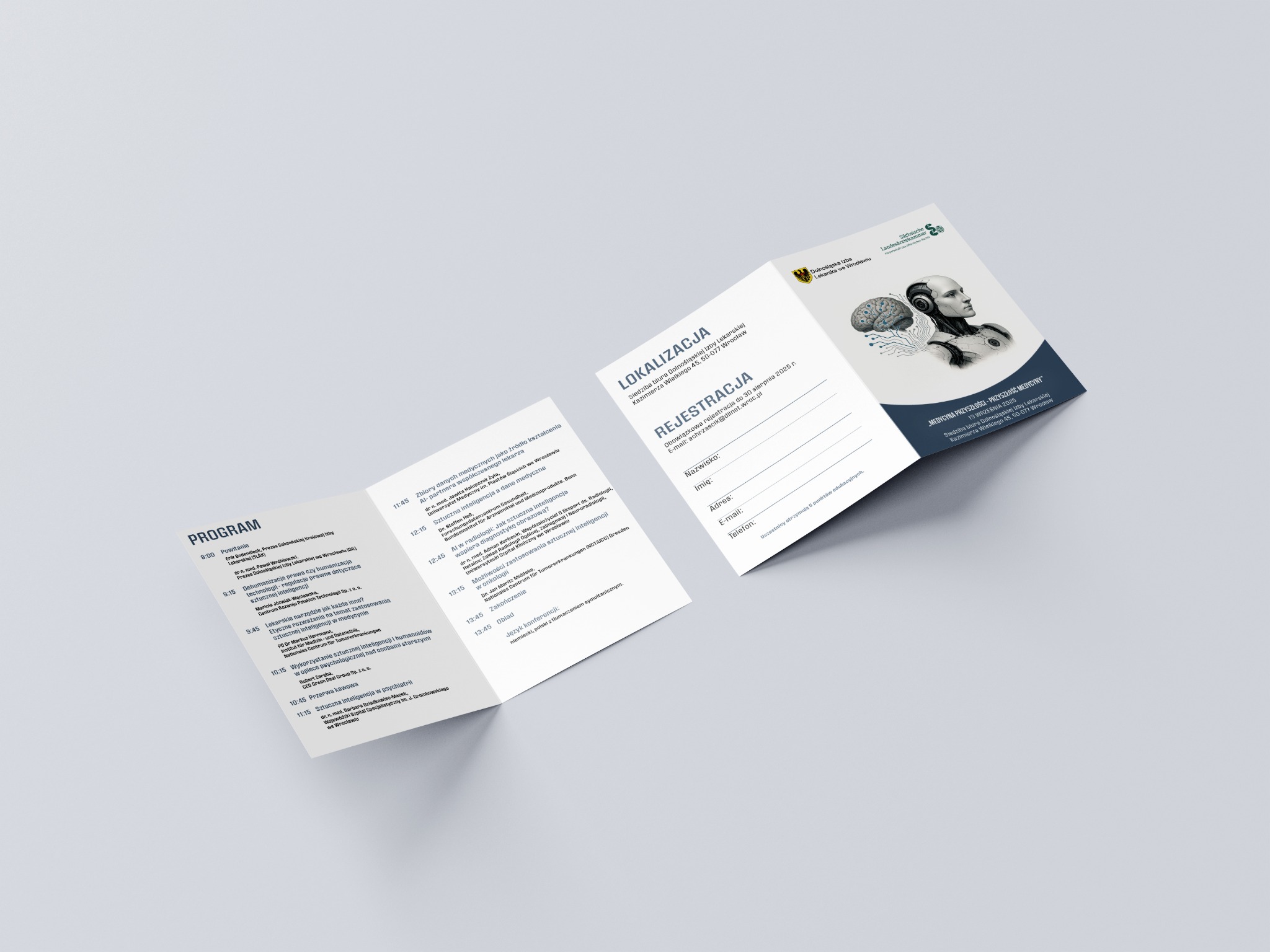 Biała, trójdzielna ulotka konferencyjna leży na białym tle, prezentując program, lokalizację, formularz rejestracyjny i grafikę z motywem medycyny przyszłości.