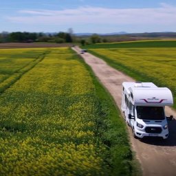 Nowoczesny kamper Kamperowicz.pl w malowniczej scenerii – wśród pól rzepaku. Wolność, niezależność i bliskość natury to nasza codzienność. Podróżuj wygodnie i odkrywaj piękno Polski z własnym domem na kółkach!